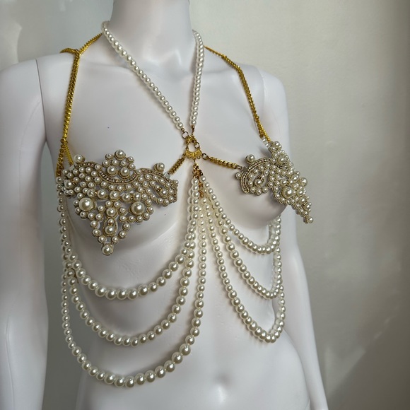 Mermaid Pearl Rhinestone & Gold Chain Jewelry Top fits B-D cup Handmade Unique - Picture 8 of 15